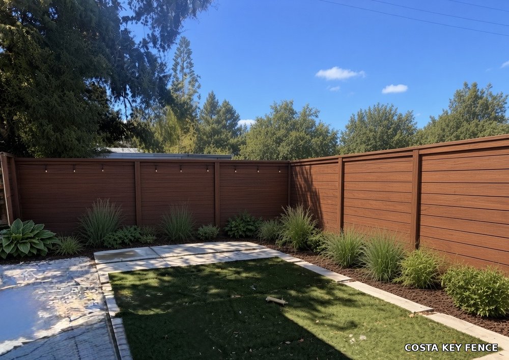 Modern horizontal wood privacy fence installed by Costa Key Fence in a landscaped backyard near Sarasota, Florida